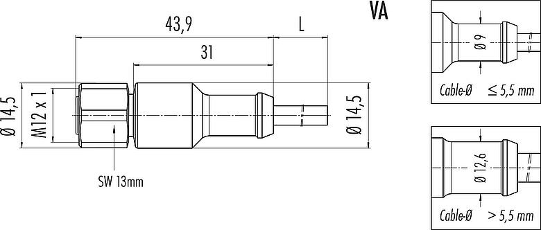 Scale drawing M12 Female cable connector, Contacts: 4, unshielded, moulded on the cable, IP68/IP69K, UL 2238, PUR, black, 4 x 0.34 mm², stainless steel, 2 m