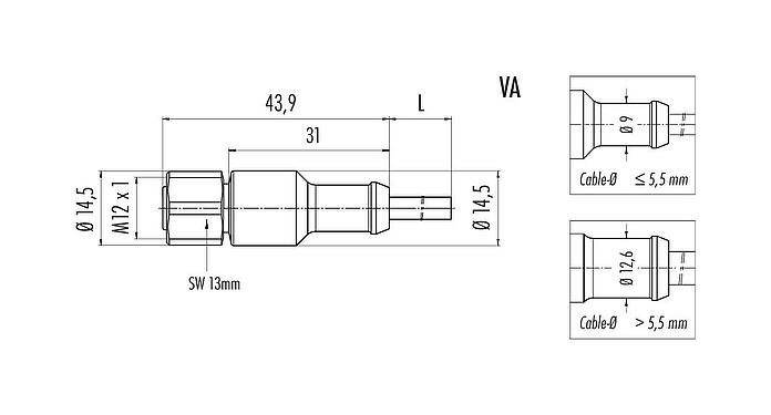 Dibujo a escala 77 3730 0000 50005-0500 - M12 Conector de cable hembra, Número de contactos: 5, sin blindaje, moldeado en el cable, IP69K, UL 2238, PUR, negro, 5 x 0,34 mm², Acero inoxidable, 5 m