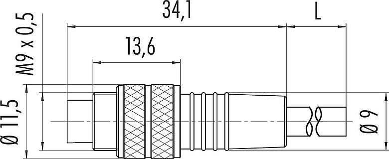Scale drawing M9 Male cable connector, Contacts: 3, unshielded, moulded on the cable, IP67, PUR, black, 3 x 0.25 mm², 5 m