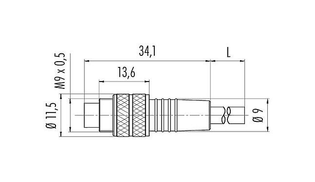 Scale drawing M9 Male cable connector, Contacts: 5, unshielded, moulded on the cable, IP67, PUR, black, 5 x 0.25 mm², 2 m
