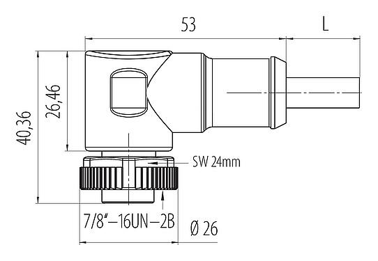 Dibujo a escala 7/8" Conector hembra en ángulo, Número de contactos: 4, sin blindaje, moldeado en el cable, IP68, UL 2238, PUR, negro, 4 x 1,50 mm², 10 m
