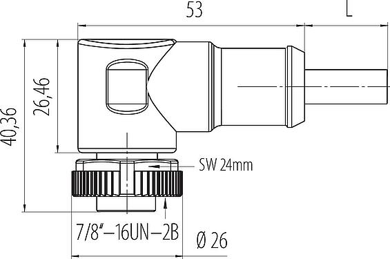 Dibujo a escala 7/8" Conector hembra en ángulo, Número de contactos: 4, sin blindaje, moldeado en el cable, IP68, UL 2238, PUR, negro, 4 x 1,50 mm², 2 m