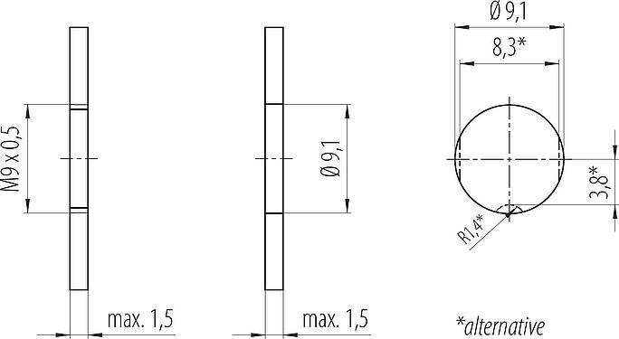 Instructions de montage / Découpe du panneau M9 Embase mâle, Contacts: 4, non blindé, THT, IP40, M9x0,5, Montage mural arrière