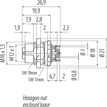 Scale drawing M12 Female panel mount connector, Contacts: 8, shieldable, THT, IP67, UL, M16x1.5, Rear mounting