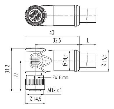 Dibujo a escala 77 0694 0000 50704-0500 - M12 Conector hembra en ángulo, Número de contactos: 3+PE, sin blindaje, moldeado en el cable, IP68, UL, PUR, negro, 4 x 1,50 mm², 5 m