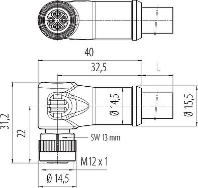 Dessin coté M12 Connecteur femelle coudé, Contacts: 3+PE, non blindé, surmoulé sur le câble, IP68, UL, PUR, noir, 4 x 1,50 mm², 5 m