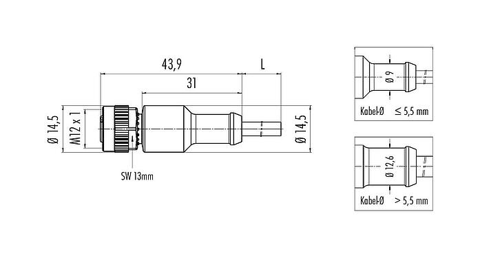 Dessin coté M12 Connecteur femelle, Contacts: 4, non blindé, surmoulé sur le câble, IP68/IP69K, UL 2238, PLTC, TPE-E, jaune, 4 x AWG 22, 1 m