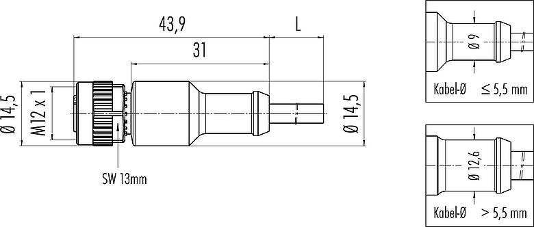 Dibujo a escala M12 Conector de cable hembra, Número de contactos: 4, sin blindaje, moldeado en el cable, IP68/IP69K, UL 2238, PLTC, TPE-E, amarillo, 4 x AWG 22, 1 m
