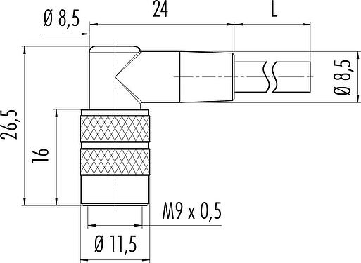 Scale drawing M9 Female angled connector, Contacts: 5, unshielded, moulded on the cable, IP67, PUR, black, 5 x 0.25 mm², 5 m