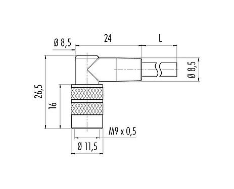 Scale drawing M9 Female angled connector, Contacts: 8, unshielded, moulded on the cable, IP67, PUR, black, 8 x 0.14 mm², 2 m