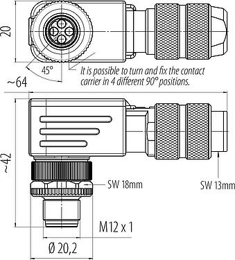 Dessin coté M12 Connecteur mâle coudé, Contacts: 4, 5,0-8,0 mm, blindable, sertir (Les contacts à sertir doivent être commandés séparément), IP67
