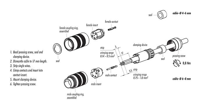 Instructions de montage M16 Connecteur femelle, Contacts: 5 (05-a), 4,0-8,0 mm, non blindé, sertir (Les contacts à sertir doivent être commandés séparément), IP67, UL 2238, Version courte