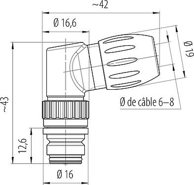 Dessin coté Snap-In Connecteur femelle coudé, Contacts: 5, 6,0-8,0 mm, non blindé, souder, IP67