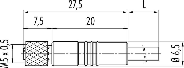 Dibujo a escala M5 Conector de cable hembra, Número de contactos: 4, blindado, moldeado en el cable, IP67, UL 2238, M5x0,5, PUR, negro, 4 x 0,14 mm², 2 m