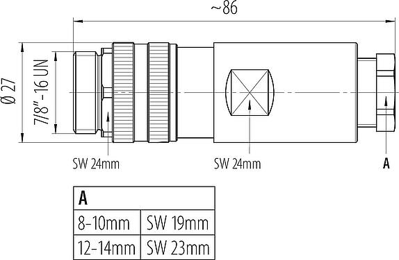 Dibujo a escala 7/8" Conector de cable macho, Número de contactos: 2+PE, 12,0-14,0 mm, sin blindaje, tornillo extraíble, IP67, UL 2238, VDE