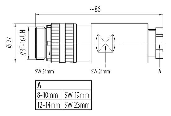 Dibujo a escala 7/8" Conector de cable macho, Número de contactos: 2+PE, 12,0-14,0 mm, sin blindaje, tornillo extraíble, IP67, UL 2238, VDE