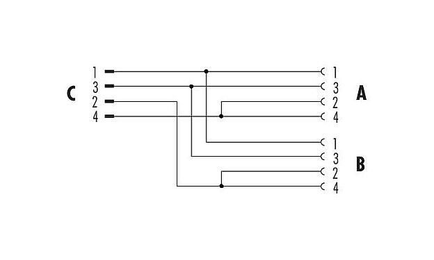 Pin assignment plans 79 5200 00 04 - M12 Twin distributor, Y-distributor, male M12x1 - 2 female M12x1, Contacts: 4, unshielded, pluggable, IP68, UL