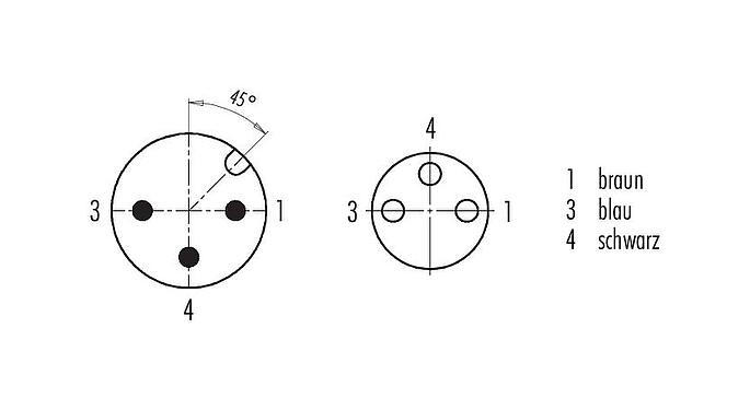 Disposition des contacts (Côté plug-in) 77 3429 3406 33003-0030 - M12/M8 Connecteur mâle - connecteur femelle, Contacts: 3, non blindé, surmoulé sur le câble, IP67, UL 2238, PLTC, TPE-E, jaune, 4 x AWG 22, 0,3 m