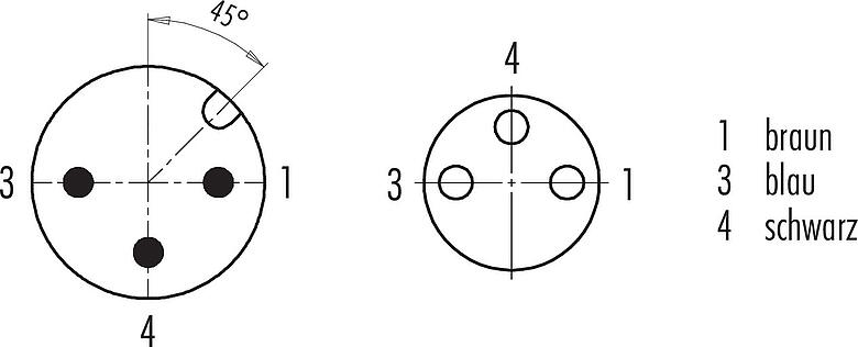 Disposition des contacts (Côté plug-in) M12/M8 Connecteur mâle - connecteur femelle, Contacts: 3, non blindé, surmoulé sur le câble, IP67/IP69K, UL 2238, PLTC, TPE-E, jaune, 4 x AWG 22, 0,6 m