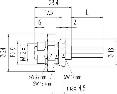 Dibujo a escala M12 Toma de brida, Número de contactos: 4, sin blindaje, hilos, IP68, UL 2238, PG 9, Montaje en pared, moldeado