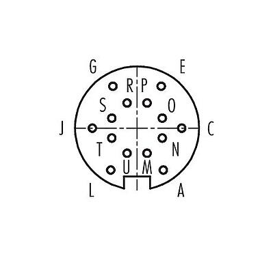 Disposición de los contactos (lado de la conexión) 99 0654 70 14 - Bayoneta Conector hembra en ángulo, Número de contactos: 14, 4,0-6,0 mm, sin blindaje, soldadura, IP40