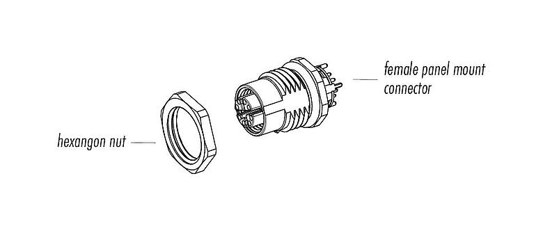 Component part drawing M12 Female panel mount connector, Contacts: 8, shielded, with cable assembled, IP67, UL, M16x1.5, Ethernet, PUR, green, 4 x 2 x AWG 26/7, Rear mounting, 0.5 m