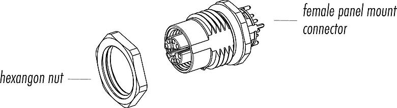 Component part drawing M12 Female panel mount connector, Contacts: 8, shielded, with cable assembled, IP67, UL, M16x1.5, Ethernet, PUR, green, 4 x 2 x AWG 26/7, Rear mounting, 0.5 m