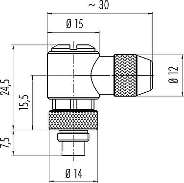 Scale drawing M9 Male angled connector, Contacts: 3, 3.5-5.0 mm, shieldable, solder, IP67
