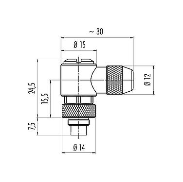 Dessin coté M9 Connecteur mâle coudé, Contacts: 7, 3,5-5,0 mm, blindable, souder, IP67