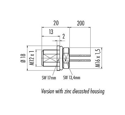 Scale drawing 76 0231 0111 00012-0200 - M12 Male panel mount connector, Contacts: 12, unshielded, single wires, IP68, UL, M16x1.5