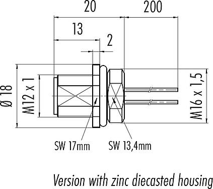 Dessin coté M12 Embase mâle, Contacts: 12, non blindé, fils, IP68, UL 2238, M16x1,5, Montage frontal, coulé
