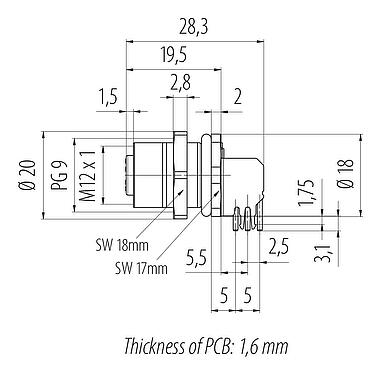 Scale drawing M12 Female panel mount connector, Contacts: 4, shieldable, THT, IP68, UL 2238, PG 9, Rear mounting, potted