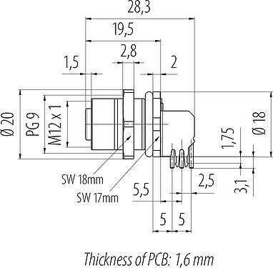 Dessin coté M12 Embase femelle, Contacts: 4, blindable, THT, IP68, UL 2238, PG 9, Montage mural arrière, coulé