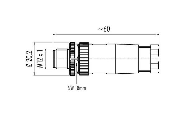 Scale drawing M12 Male cable connector, Contacts: 5, 4.0-6.0 mm, unshielded, screw clamp, IP67, UL 2238