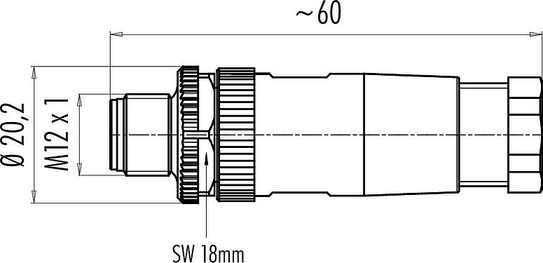 Scale drawing M12 Male cable connector, Contacts: 5, 6.0-8.0 mm, unshielded, screw clamp, IP67, UL 2238