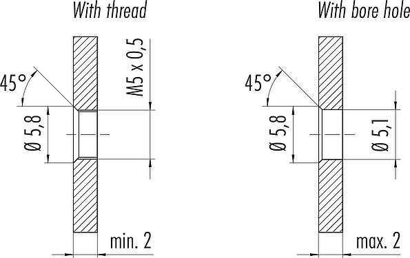 Instructions de montage / Découpe du panneau M5 Embase femelle, Contacts: 3, non blindé, fils, IP67, M5x0,5, Montage frontal, coulé