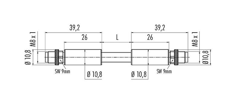 Scale drawing M8 Connecting cable 2 male cable connectors, Contacts: 4, shielded, moulded on the cable, IP67, Ethernet CAT5e, TPE, teal, 2 x 2 x AWG 24, 2 m