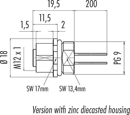 Scale drawing M12 Female panel mount connector, Contacts: 8, unshielded, single wires, IP68, UL 2238, PG 9, Front mounting