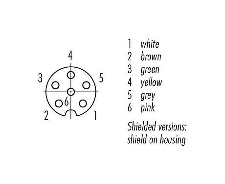 Disposición de los contactos (lado de la conexión) M8 Conector de cable hembra, Número de contactos: 6, blindado, moldeado en el cable, IP67/IP69K, M8x1,0, PUR, negro, 6 x 0,25 mm², 2 m