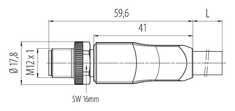 Dibujo a escala M12 Conector de cable macho, Número de contactos: 4+PE, sin blindaje, moldeado en el cable, IP68, UL 2238, PUR, negro, 5 x 1,50 mm², 5 m