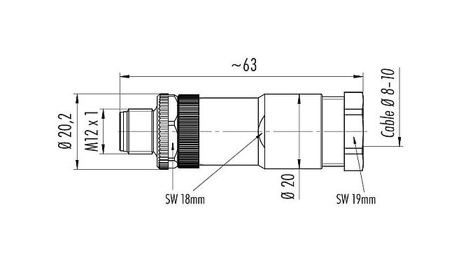 Dessin coté M12 Connecteur mâle, Contacts: 4, 8,0-10,0 mm, non blindé, pince à visser, IP67, UL 2238, VDE, PG 11, pour l'alimentation électrique