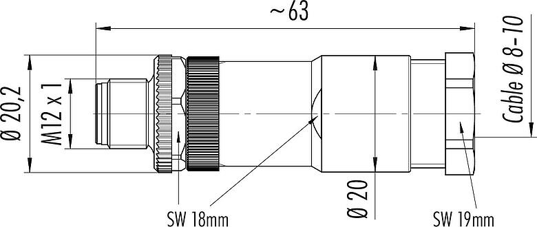 Scale drawing M12 Male cable connector, Contacts: 4, 8.0-10.0 mm, unshielded, screw clamp, IP67, UL 2238, VDE, PG 11, for the power supply