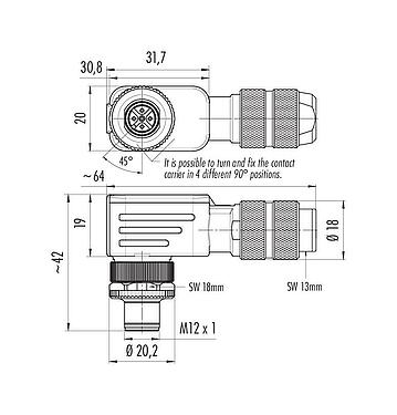 Scale drawing M12 Male angled connector, Contacts: 5, 5.0-8.0 mm, shieldable, screw clamp, IP67, UL 2238, iris spring