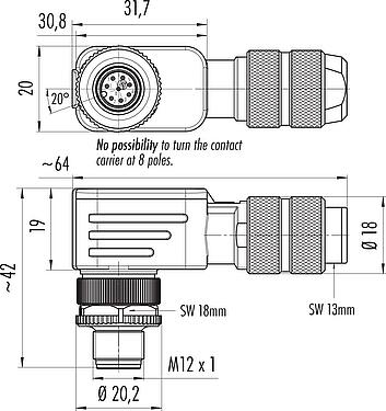 Dessin coté M12 Connecteur mâle coudé, Contacts: 8, 5,0-8,0 mm, blindable, pince à visser, IP67, UL 2238, ressort à iris