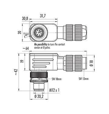 Scale drawing M12 Male angled connector, Contacts: 8, 5.0-8.0 mm, shieldable, screw clamp, IP67, UL 2238, iris spring