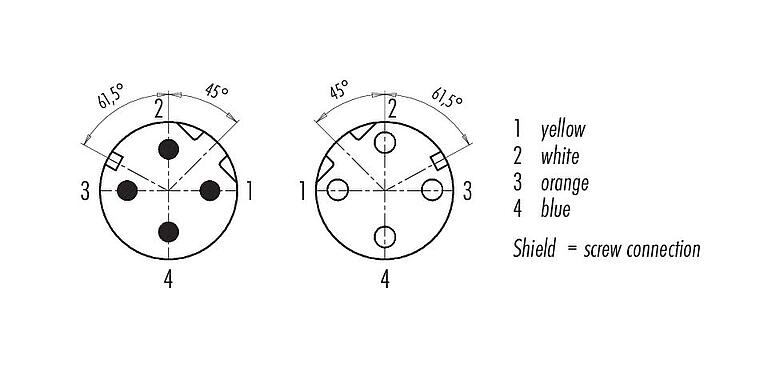 Disposition des contacts (Côté plug-in) M12 Câble de raccordement connecteur mâle - connecteur femelle, Contacts: 4, blindé, surmoulé sur le câble, IP67, UL, Profinet/Ethernet CAT5e, PUR, vert, 4 x AWG 22, 0,3 m