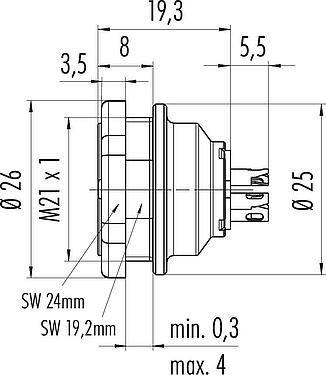 Dibujo a escala Push Pull Toma de brida, Número de contactos: 5, blindable, soldadura, IP67, M21x1,0, Montaje en pared