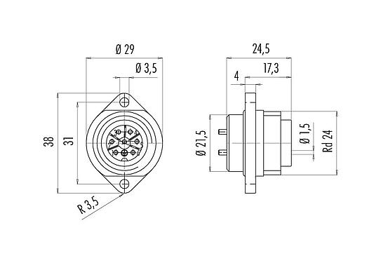 Scale drawing 09 4227 00 07 - RD24 Male panel mount connector, Contacts: 6+PE, unshielded, solder, IP67, UL, ESTI+, VDE