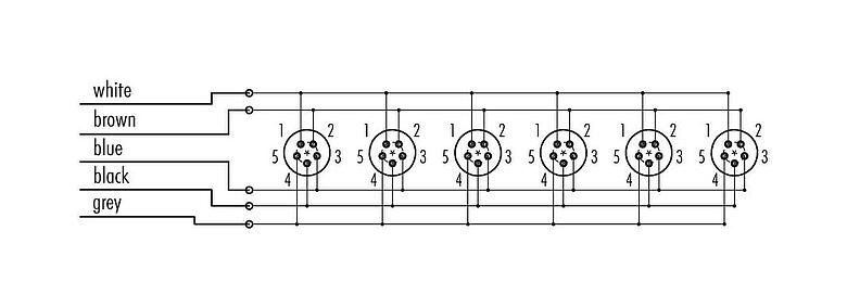 Schémas d’affectation des broches 72 9142 500 06 - Snap-In Distributeur 6 voies, Contacts: 5, non blindé, surmoulé sur le câble, IP67, 5 x 0.75 mm²
