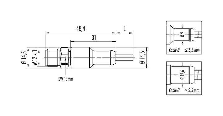 Dessin coté M12 Connecteur mâle, Contacts: 4, non blindé, surmoulé sur le câble, IP67/IP69K, Ecolab, FDA conforme, TPE spécial, gris, 4 x 0,34 mm², Acier inoxydable, 2 m